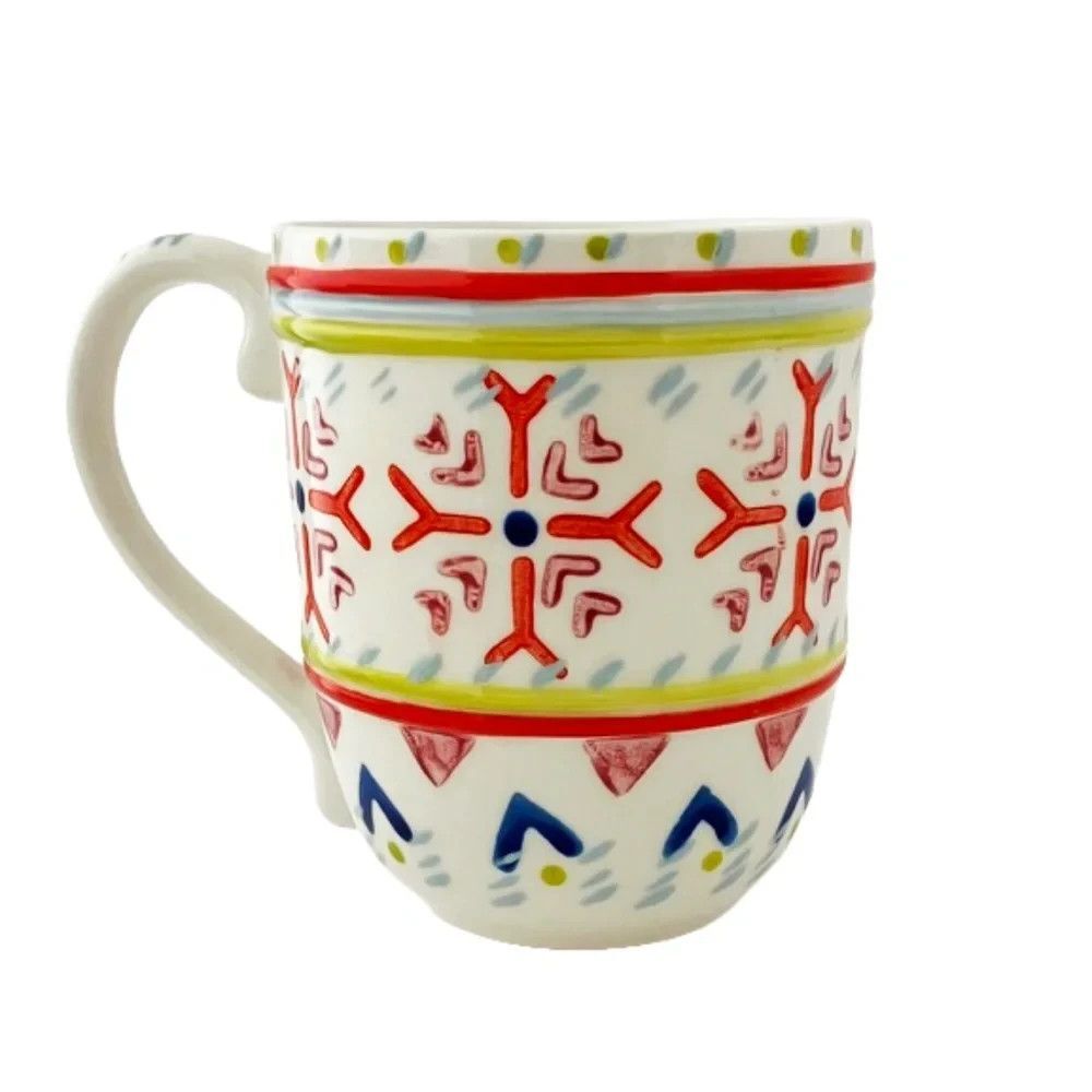 Anthropologie Orkney Mug 16 Oz Coffee Mug w Colorful Nordic Snowflake Design